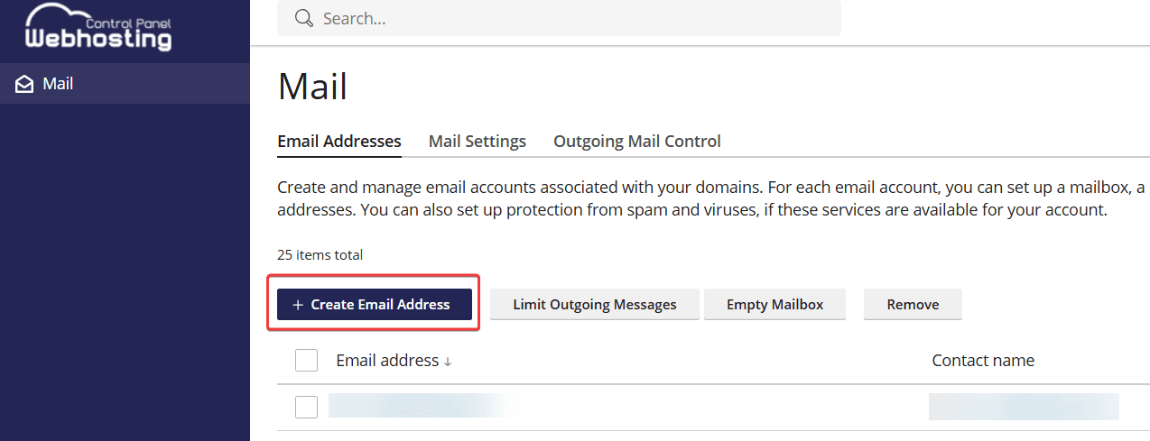 Highlighted "Create email address" button in the WCP.