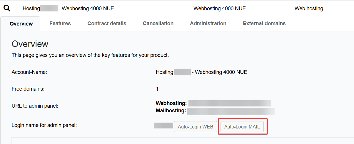 Highlighted"Auto-Login" button in the CCP for the mail management panel.