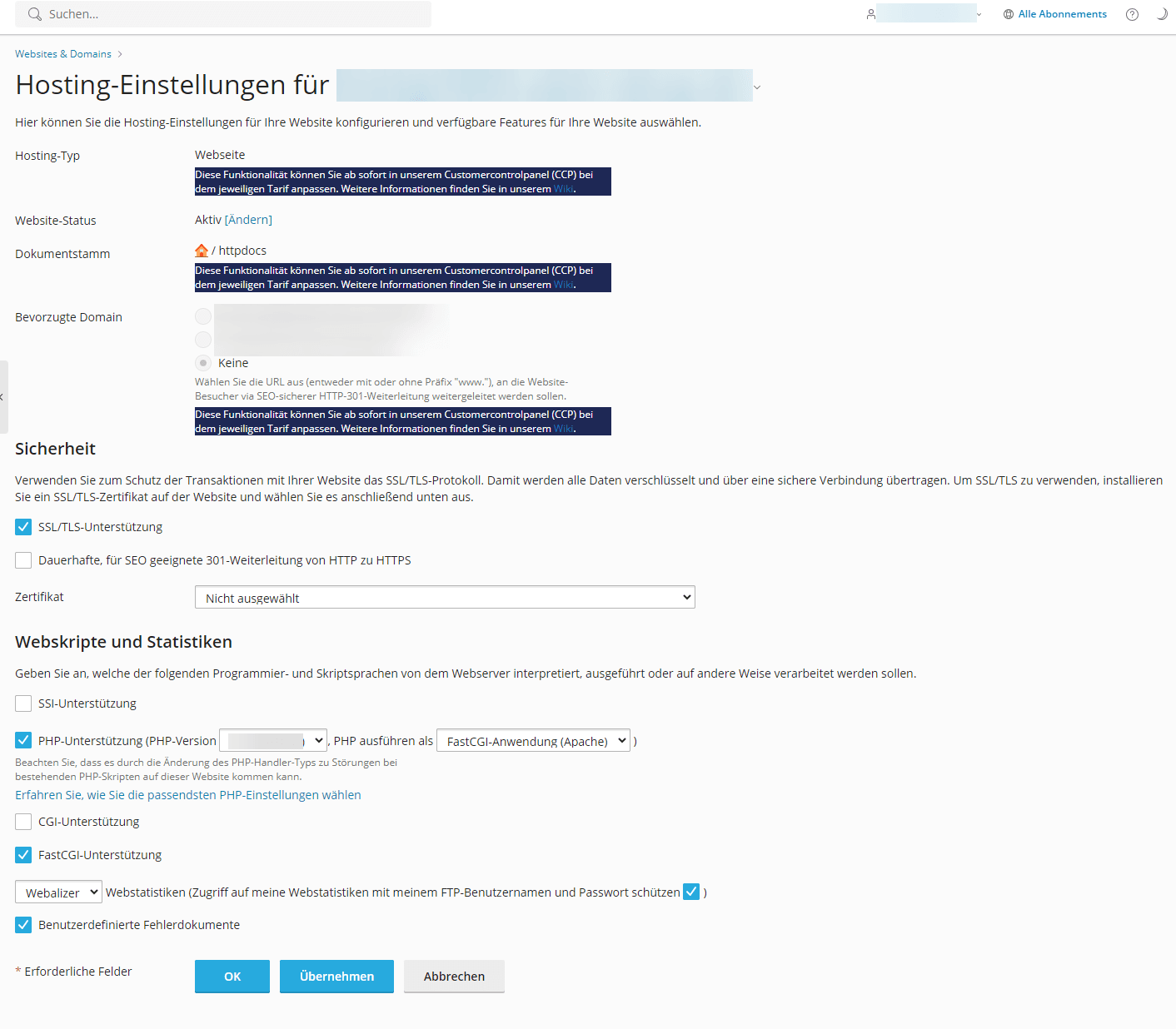 Übersicht der Hosting-Einstellungen im WCP.