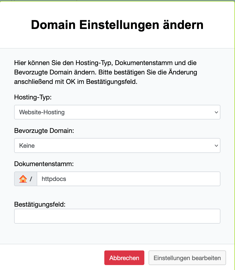 Domain-Einstellungen mit Feldern zum Hosting-Typ, bevorzugter Domain und Dokumentenstamm.
