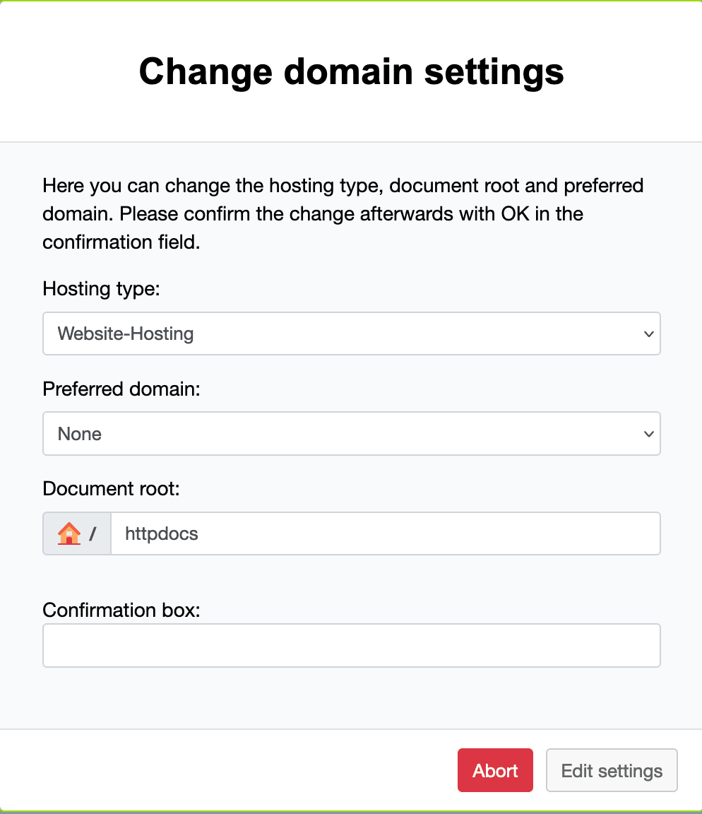 Domain settings with fields for hosting type, preferred domain, and document root.