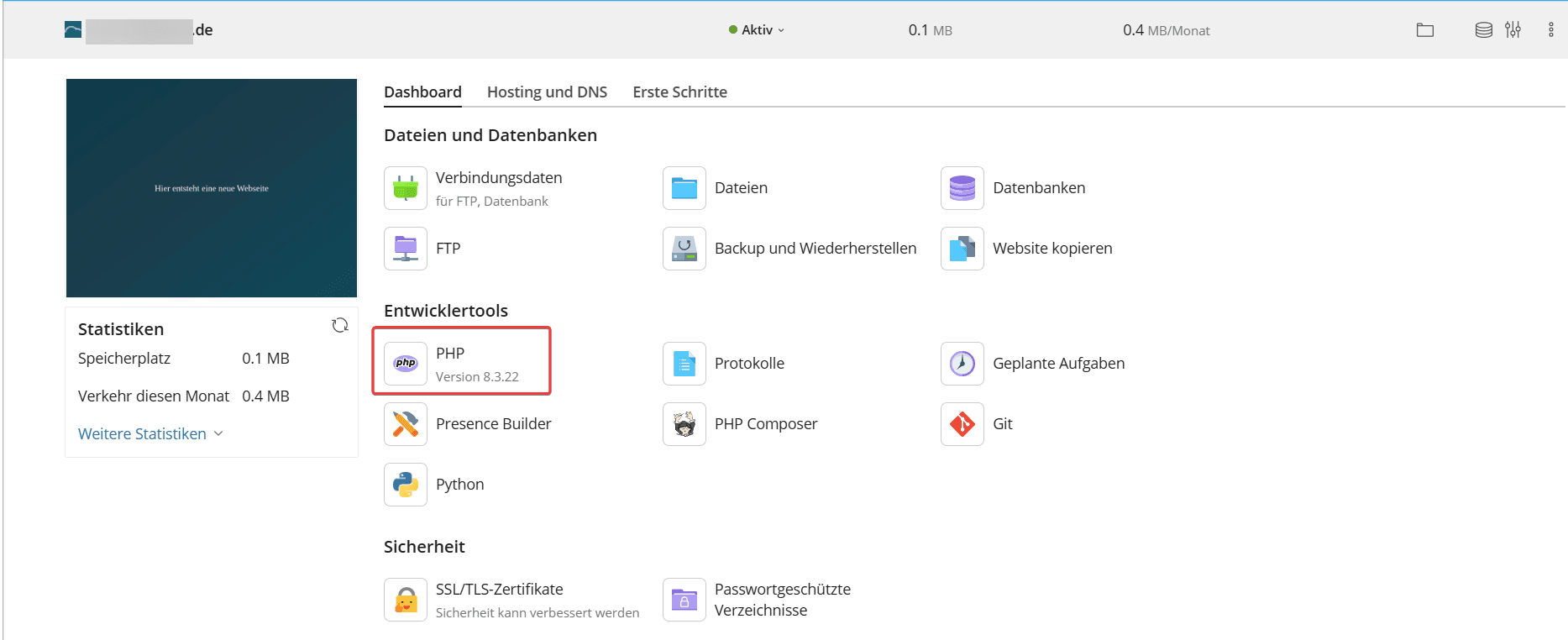 Hervorgehobene PHP-Schaltfläche im WCP.