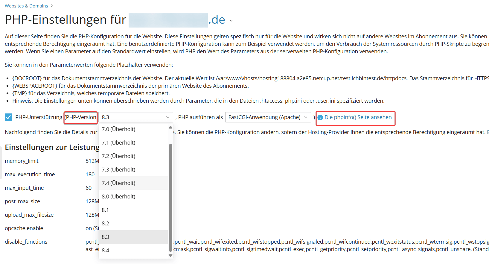 Herhorgehobene PHP-Version und Link zum Ansehen weiterer Informationen.