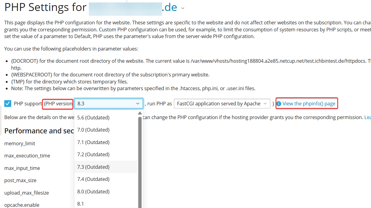 Highlighted PHP version and link to view further information.