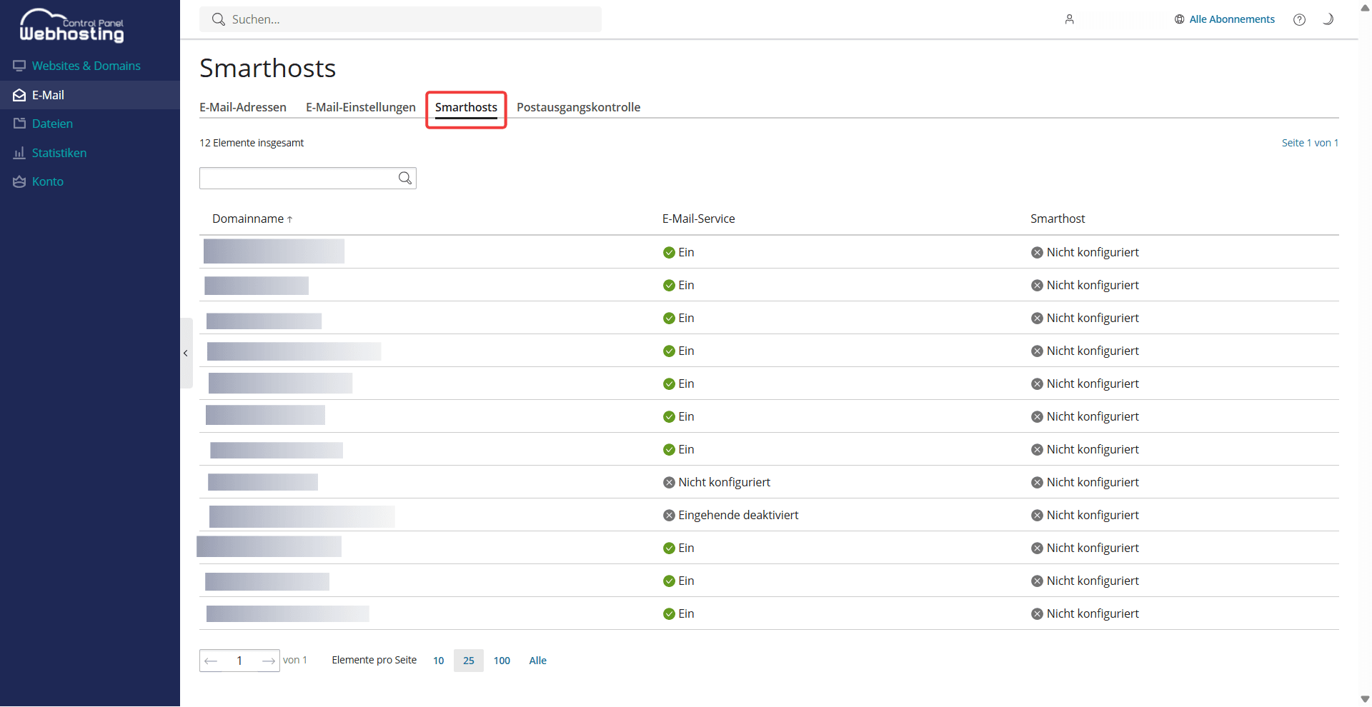 Übersichtsseite für die Smarthosts unter "E-Mail" im Webhosting Control Panel.