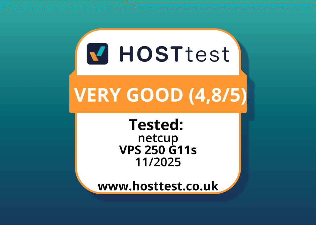 Hosttest-Bewertungsplakette SEHR GUT für netcup VPS, getestet 2025