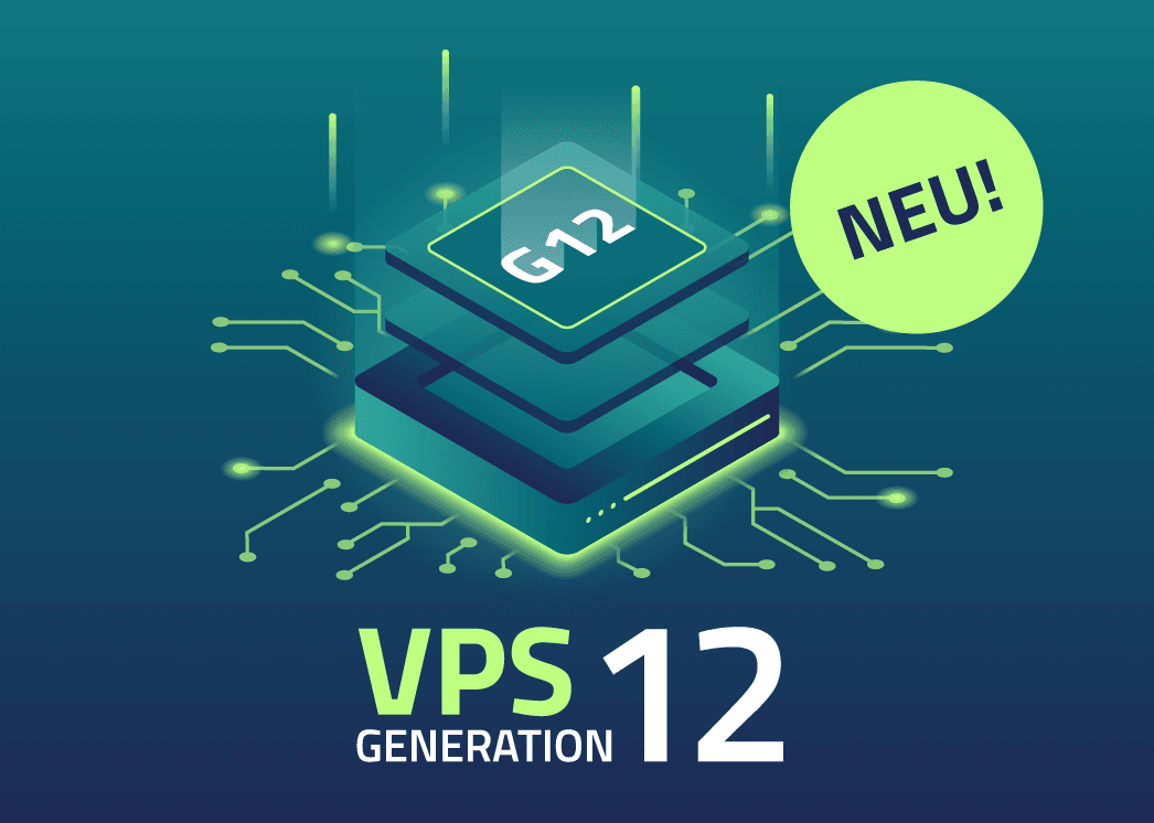Abbildung eines abstrakten Servers mit Chip-Symbol und Text „VPS Generation 12“