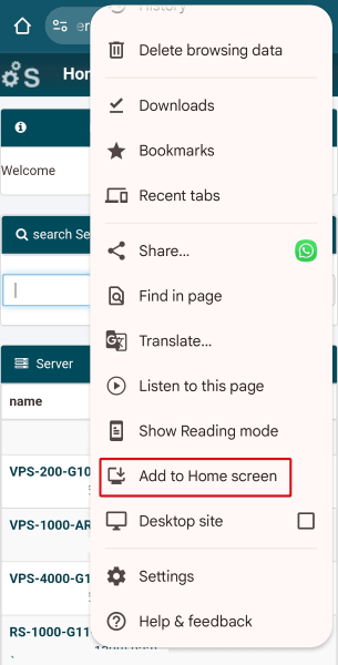 Highlighted "Add to Home Screen" button in the browser menu.