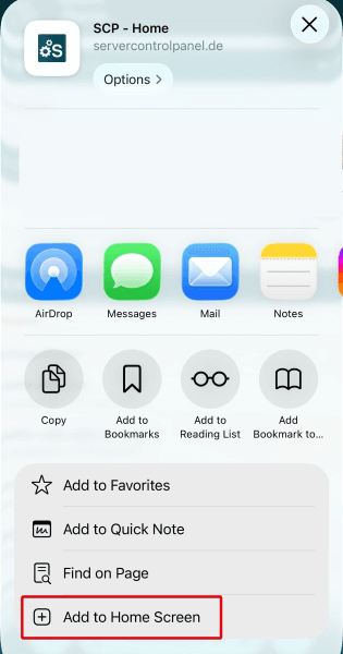 Highlighted "Add to Home Screen" button in the browser menu.