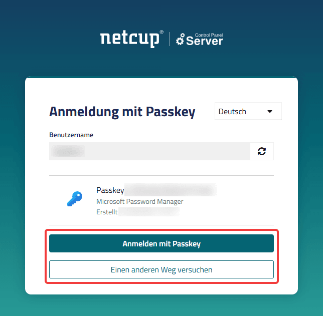Oberfläche "Anmeldung mit Passkey" mit hervorgehobenen Schaltflächen "Anmelden mit Passkey" und "Einen anderen Weg versuchen".