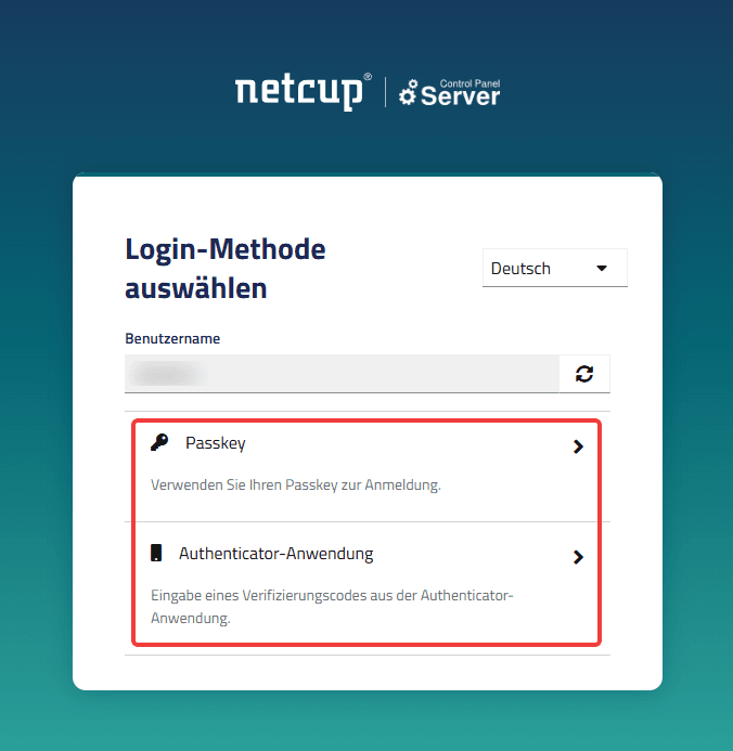 Oberfläche "Login-Methode auswählen" mit hervorgehobenen Schaltflächen "Passkey" und "Authentificator-Anwendung".