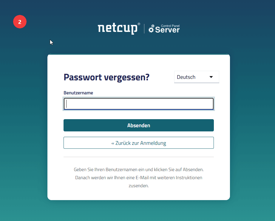 Passwort-vergessen-Oberfläche des Server Control Panels mit Eingabefeld für Benutzername.