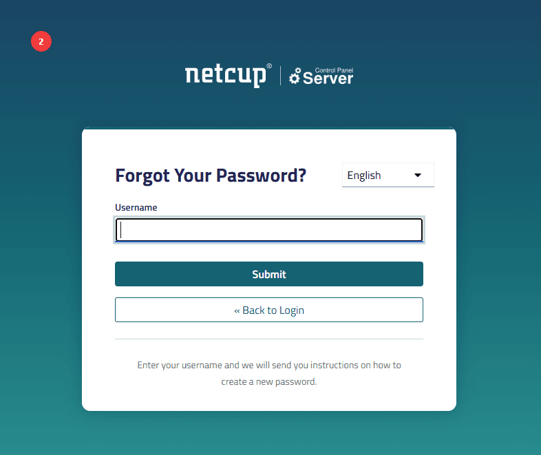 Forgot Password interface of the Server Control Panel showing a username input field.