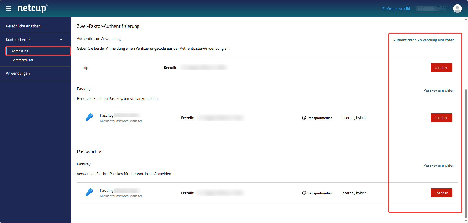 Hervorgehobene Schaltflächen "Löschen" und hervorgehobene Schaltflächen zum Einrichten von TOTP und Passkeys im Menüpunkt "Anmeldung".