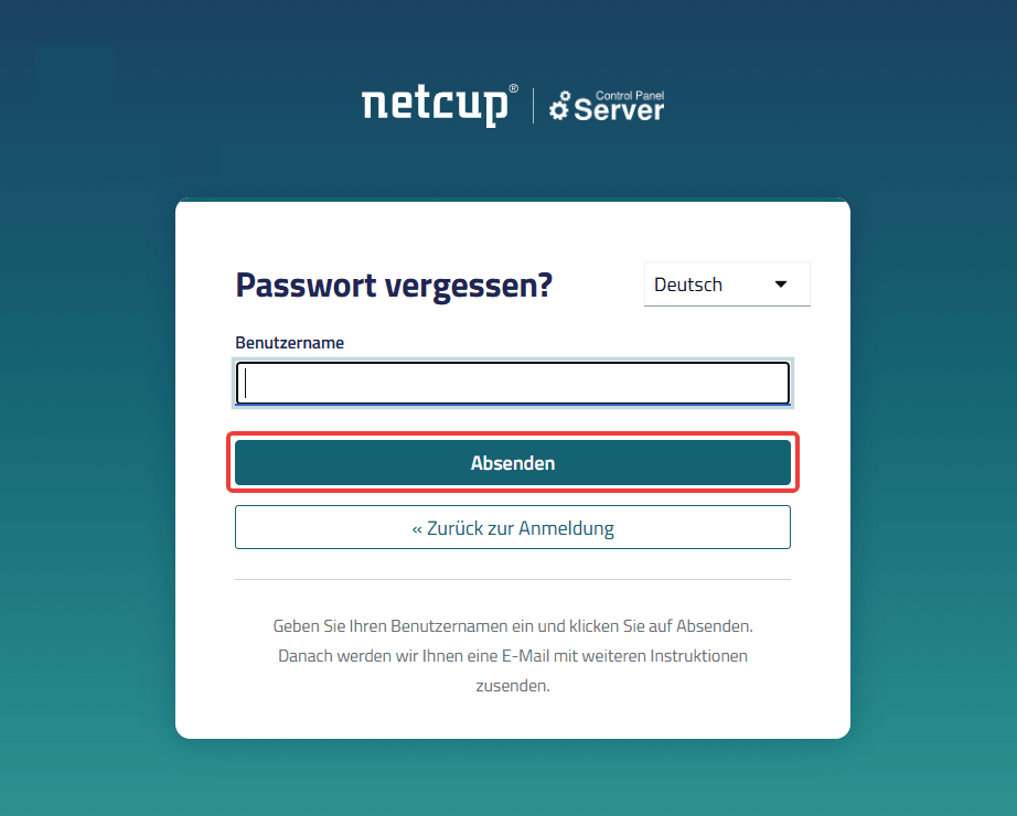 Oberfläche "Passwort vergessen?" mit der hervorgehobenen Schaltfläche "Absenden".