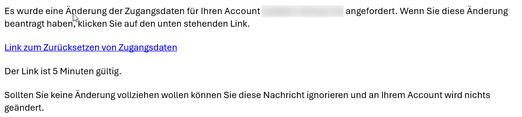Erhaltene E-Mail mit Link zum Zurücksetzen von Zugangsdaten.