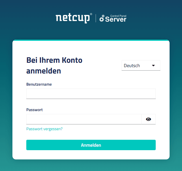 Login-Oberfläche des Server Control Panels mit Eingabefelder für Benutzername und Passwort.