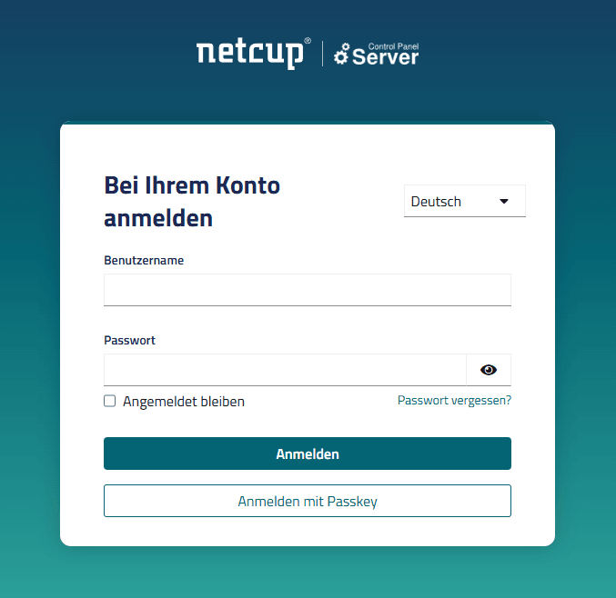 Login-Oberfläche des Server Control Panels mit Eingabefelder für Benutzername und Passwort sowie Schaltflächen "Anmelden" und "Anmelden mit Passkey".