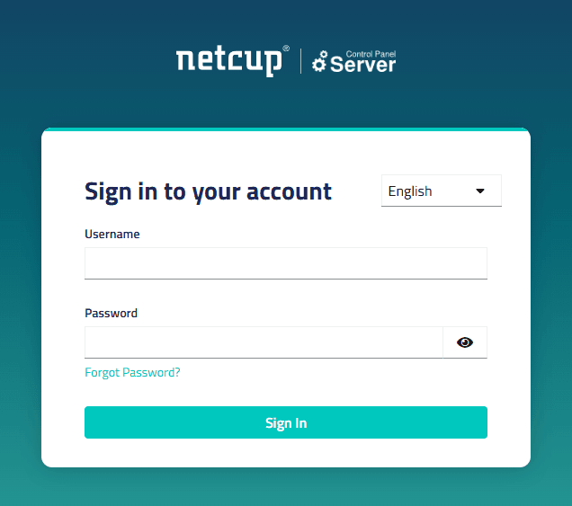 Login interface of the Server Control Panel with input fields for username and password.