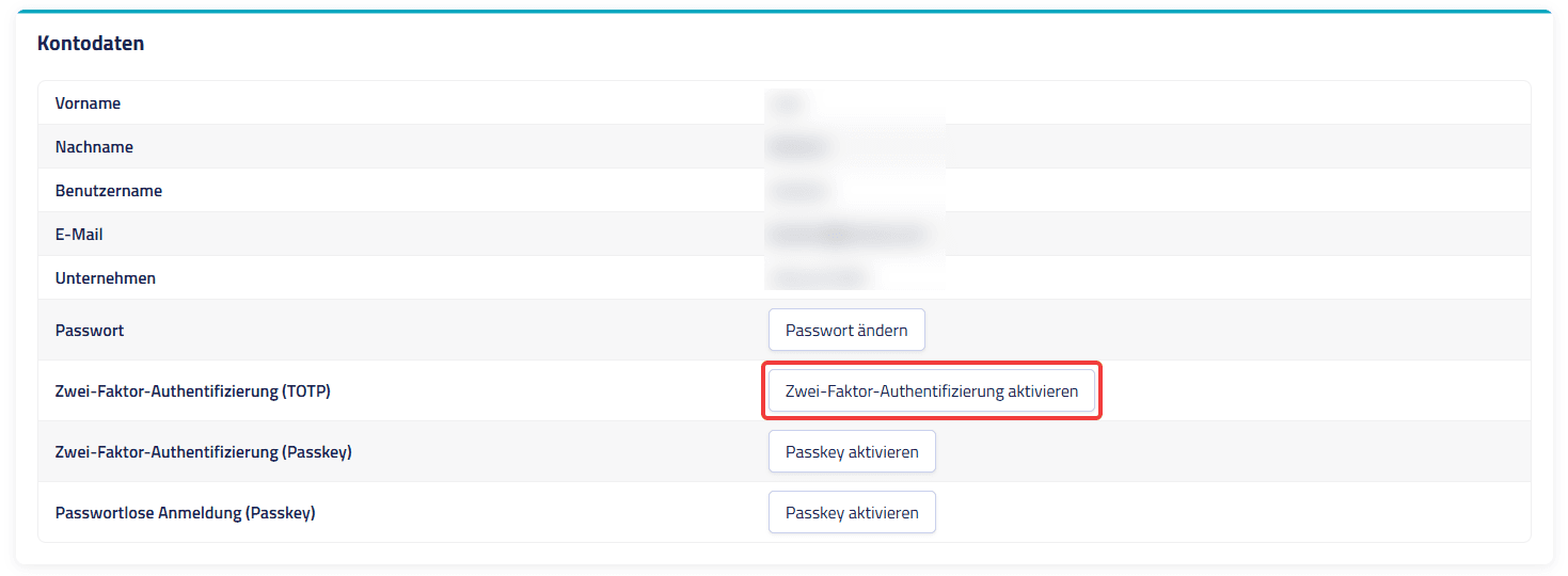 Bereich "Kontodaten" mit hervorgehobener Schaltfläche "Zwei-Faktor-Authentifizierung aktivieren".