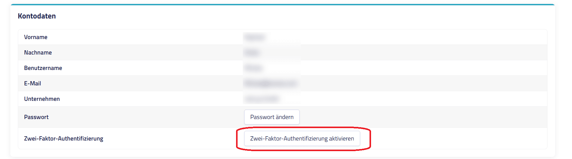 Schaltfläche Zwei-Faktor-Authentifizierung unter Einstellungen und Kontodaten im Menüpunkt Account.