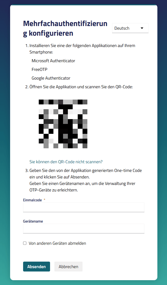 Einrichtungsoberfläche für die Mehrfachauthentifizierung mit den erforderlichen Schritten und einem QR-Code.
