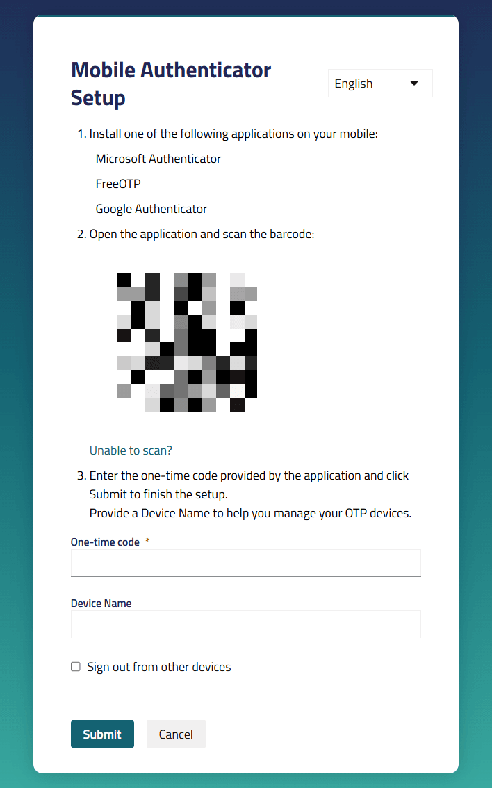 Mobile Authenticator Setup interface for the multi-factor authentication, including the necessary steps and a QR code.
