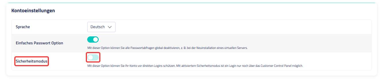 Schieberegler für den Sicherheitsmodus unter Einstellungen und Kontoeinstellungen im Menüpunkt Account.