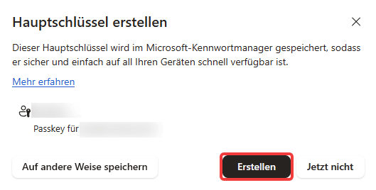 Pop-up "Hauptschlüssel erstellen" mit hervorgehobener Schaltfläche "Erstellen".