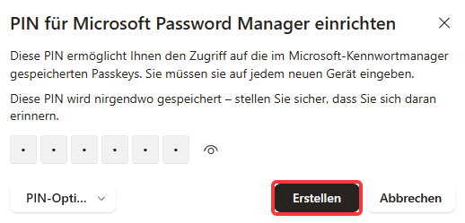 Pop-up für PIN-Einrichtung mit hervorgehobener Schaltfläche "Erstellen".