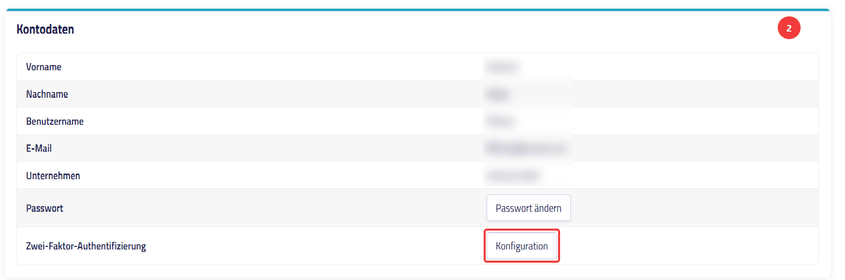 Schaltfläche Konfiguration unter Einstellungen und Kontodaten im Menüpunkt Account.