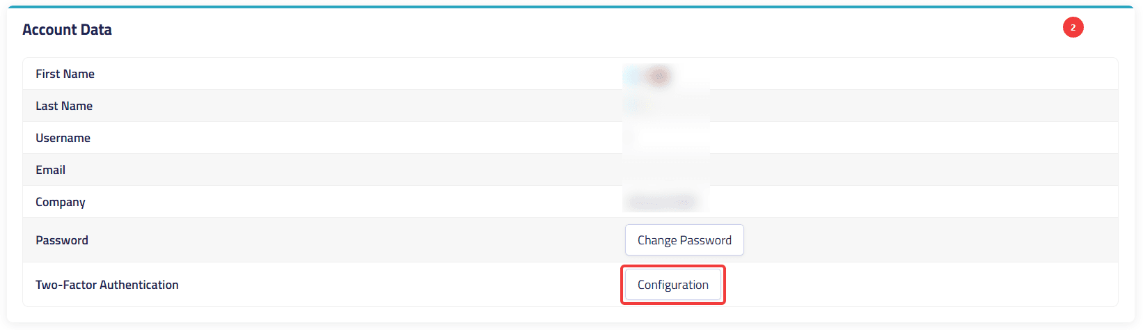 Configuration button under Settings and Account Data in the Account menu item.