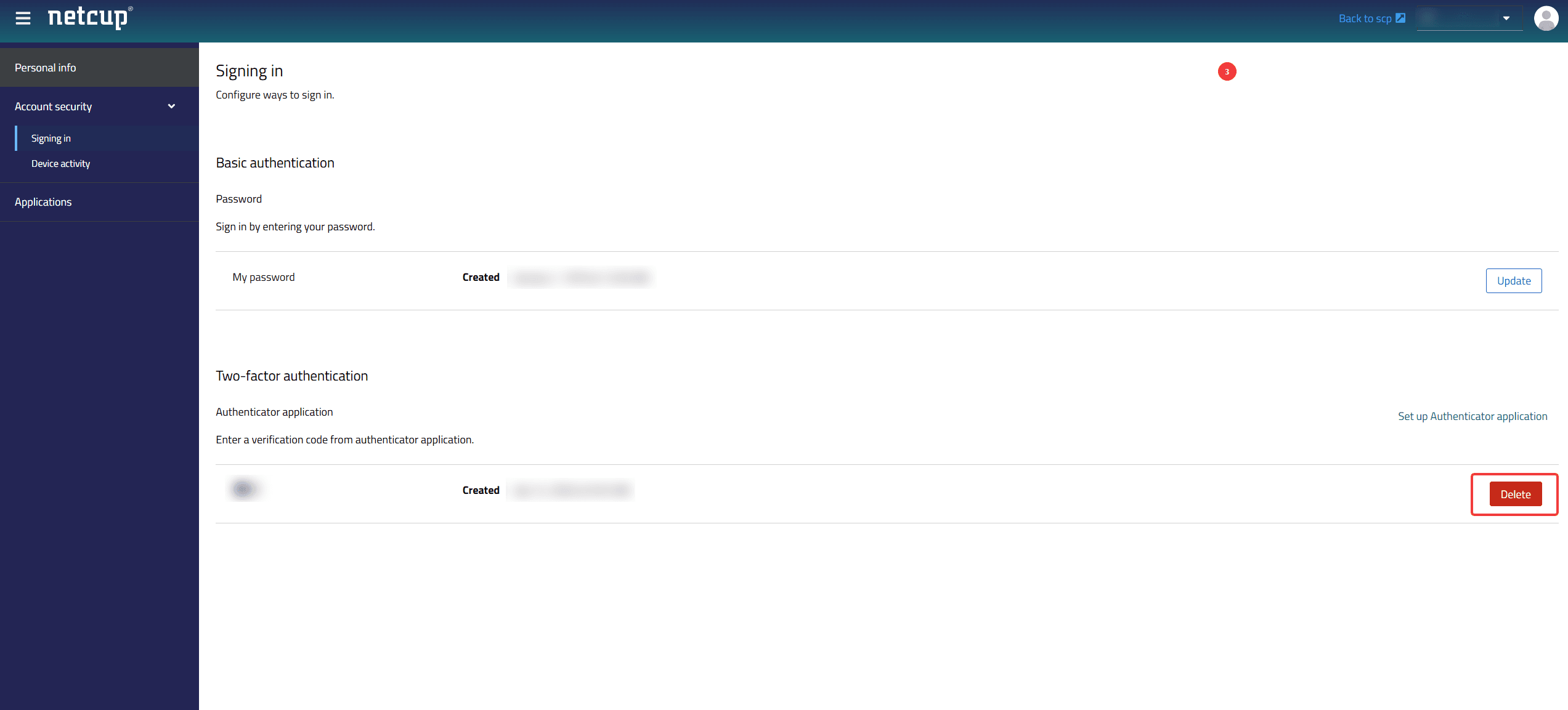 Delete button under Two-factor authentication in the Signing in menu item.