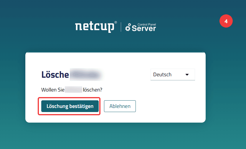 Löschung-Benutzeroberfläche des Server Control Panels mit der Schaltfläche "Löschung bestätigen".