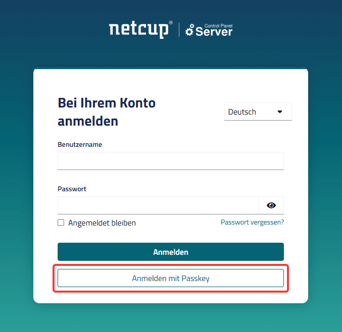 Login-Oberfläche des Server Control Panels mit hervorgehobener Schaltfläche "Anmelden mit Passkey".