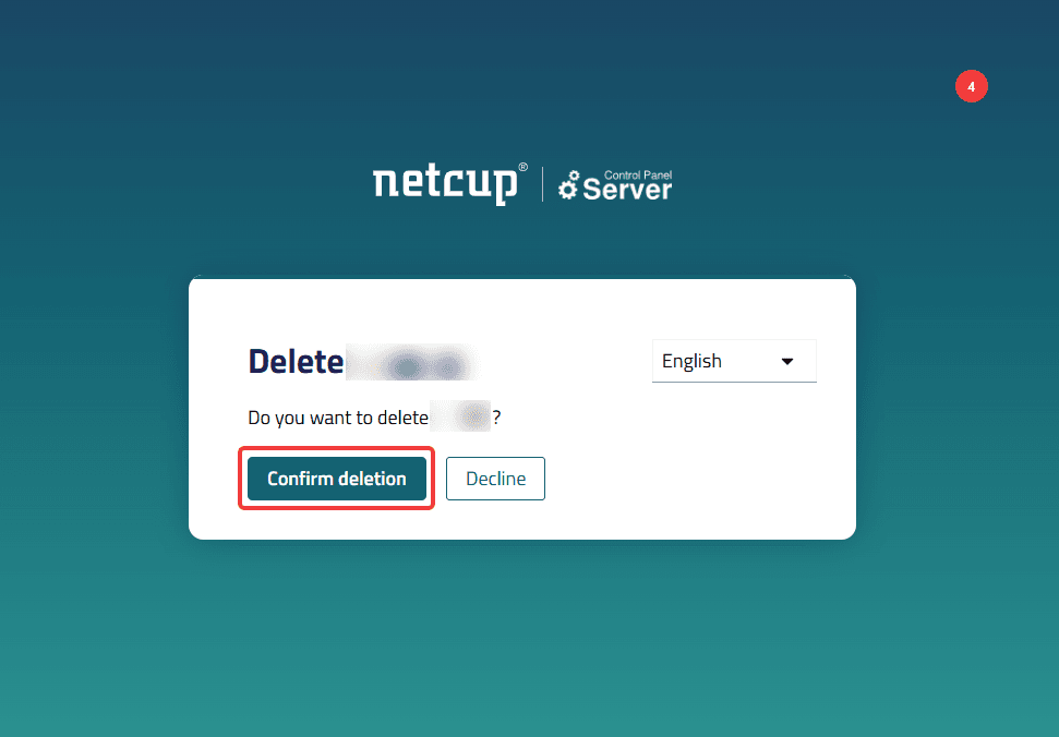 Deletion interface of the Server Control Panel with the "Confirm deletion" button.