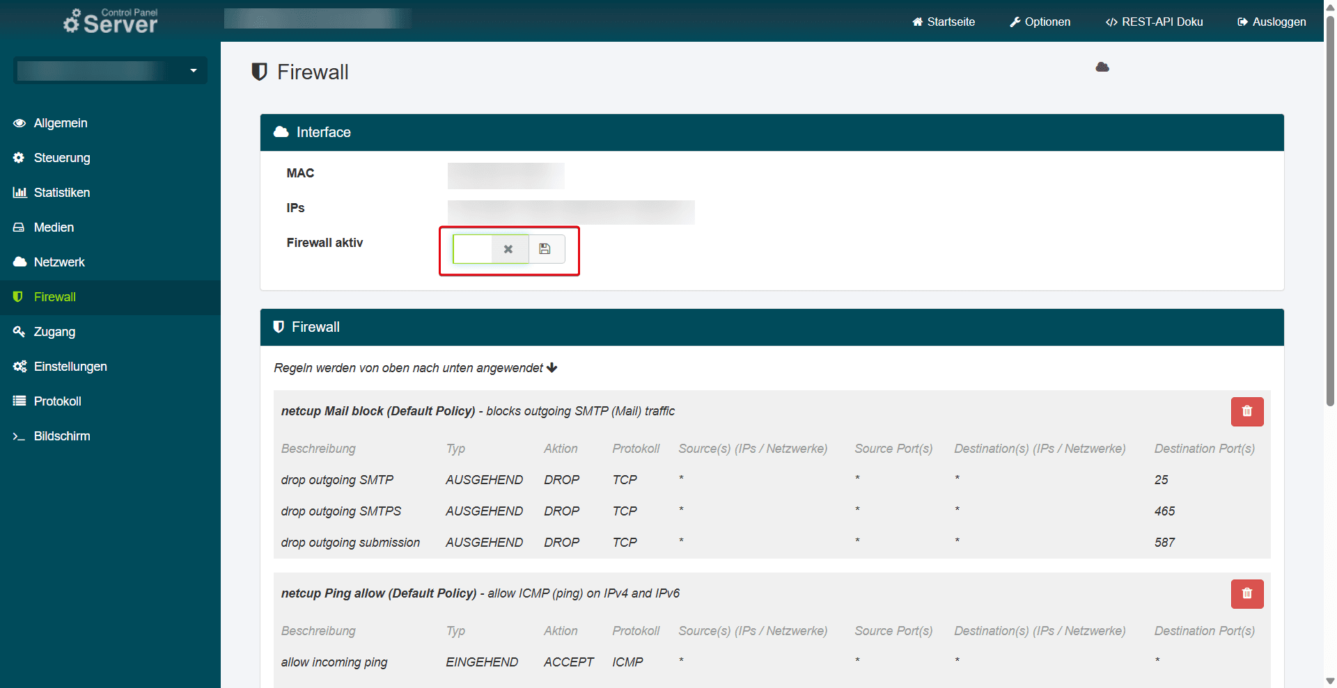 Hervorgehobener Schieberegler und Speichern-Symbol neben "Firewall aktiv".