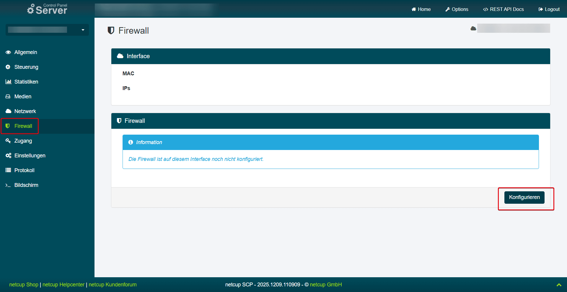 Hervorgehobene Schaltfläche "Konfigurieren" im SCP unter Firewall.
