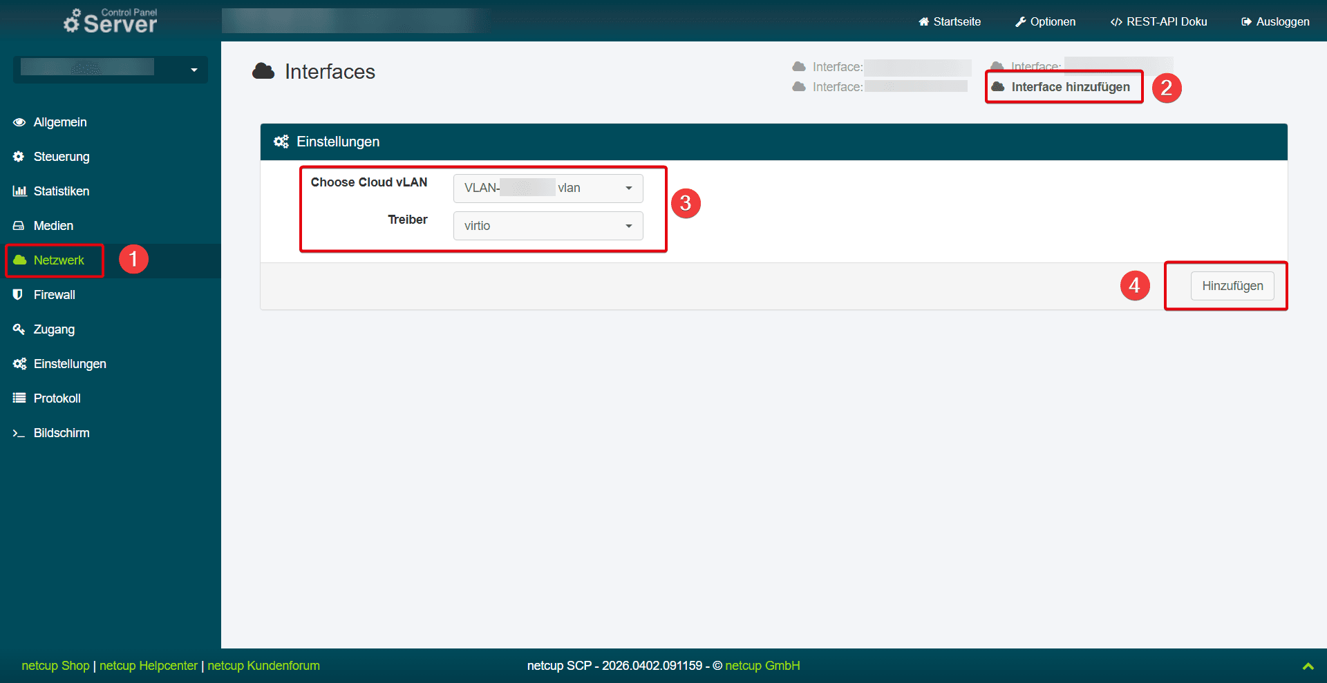 Hervorgehobene Schritte, wie man ein Interface im SCP hinzufügt.