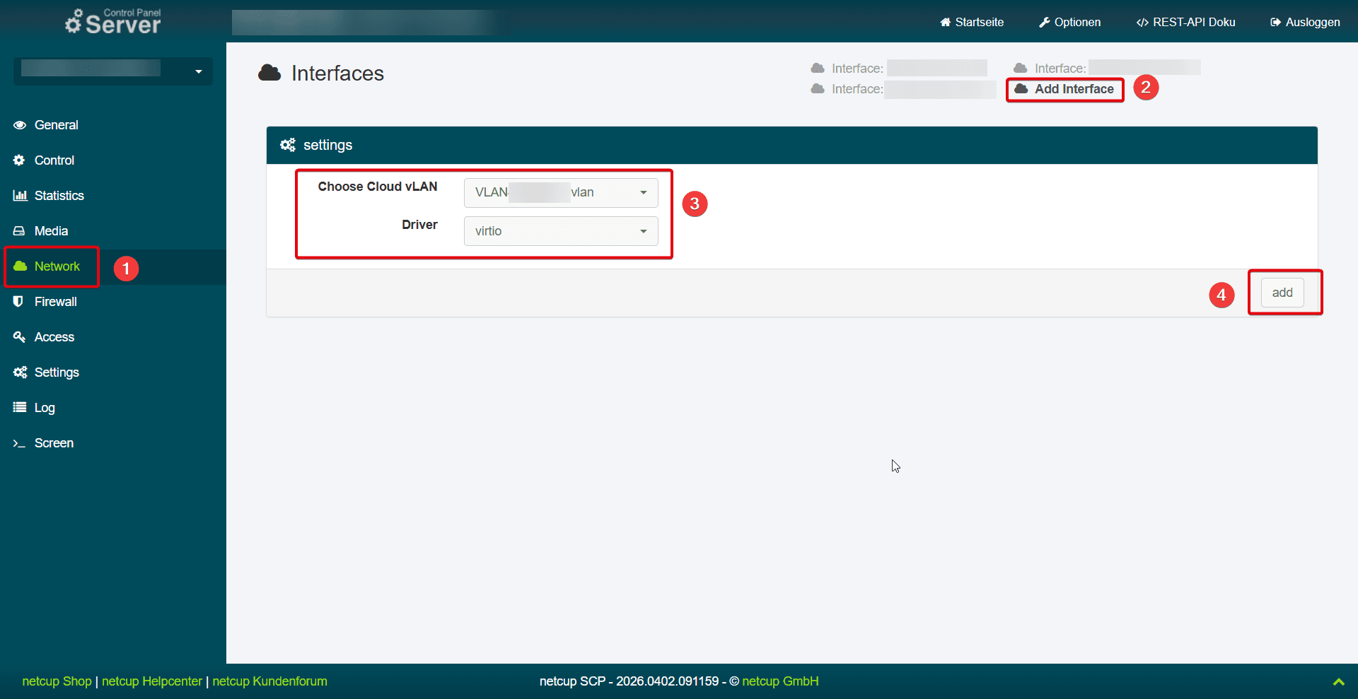 Step-by-step instructions on how to add an interface in the SCP.