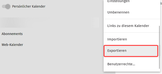 Bereich "Persönlicher Kalender" mit hervorgehobener Schaltfläche "Exportieren".