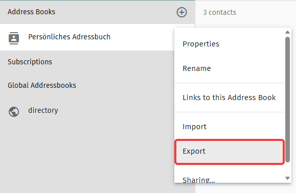 "Persönliches Adressbuch" section with the highlighted "Export" button.