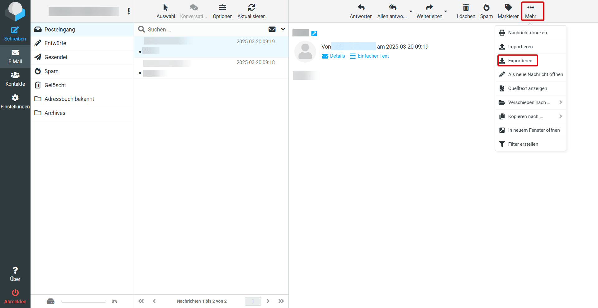 Hervorgehobene Schaltflächen "Mehr" und "Exportieren" am oberen Rand der E-Mail.