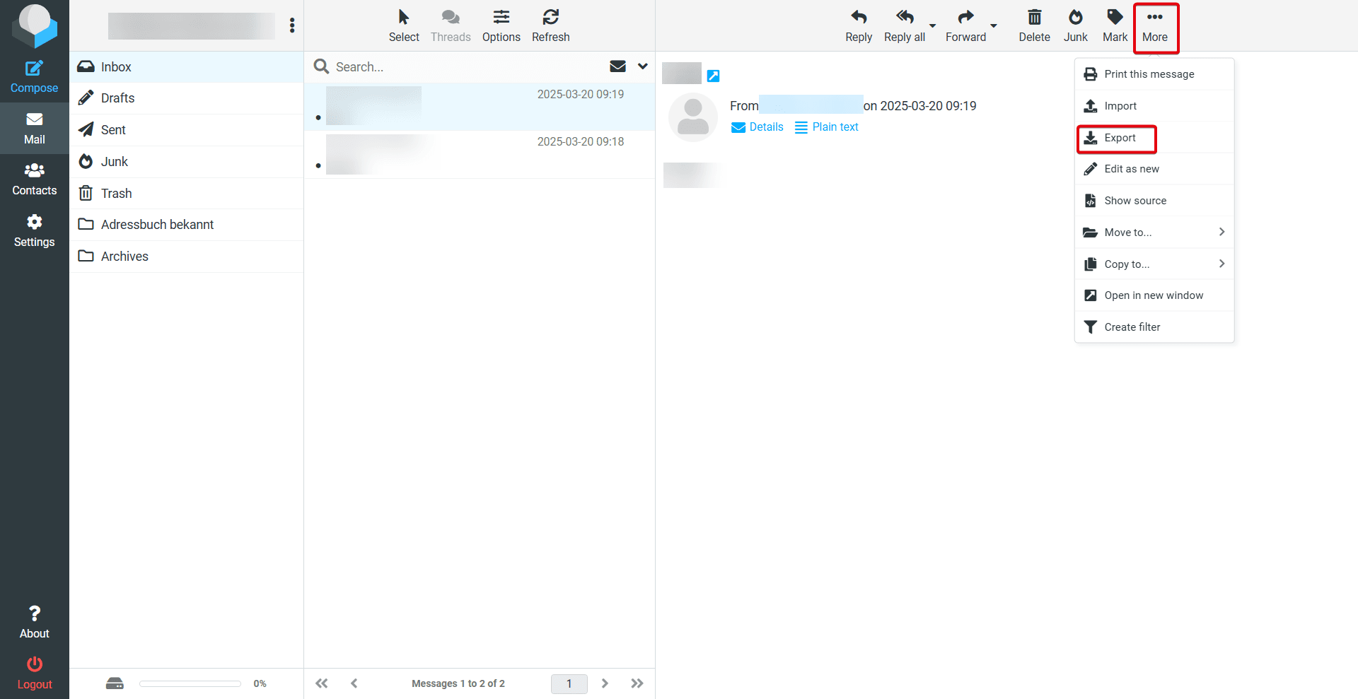 Highlighted "More" and "Export" buttons at the top of the email.