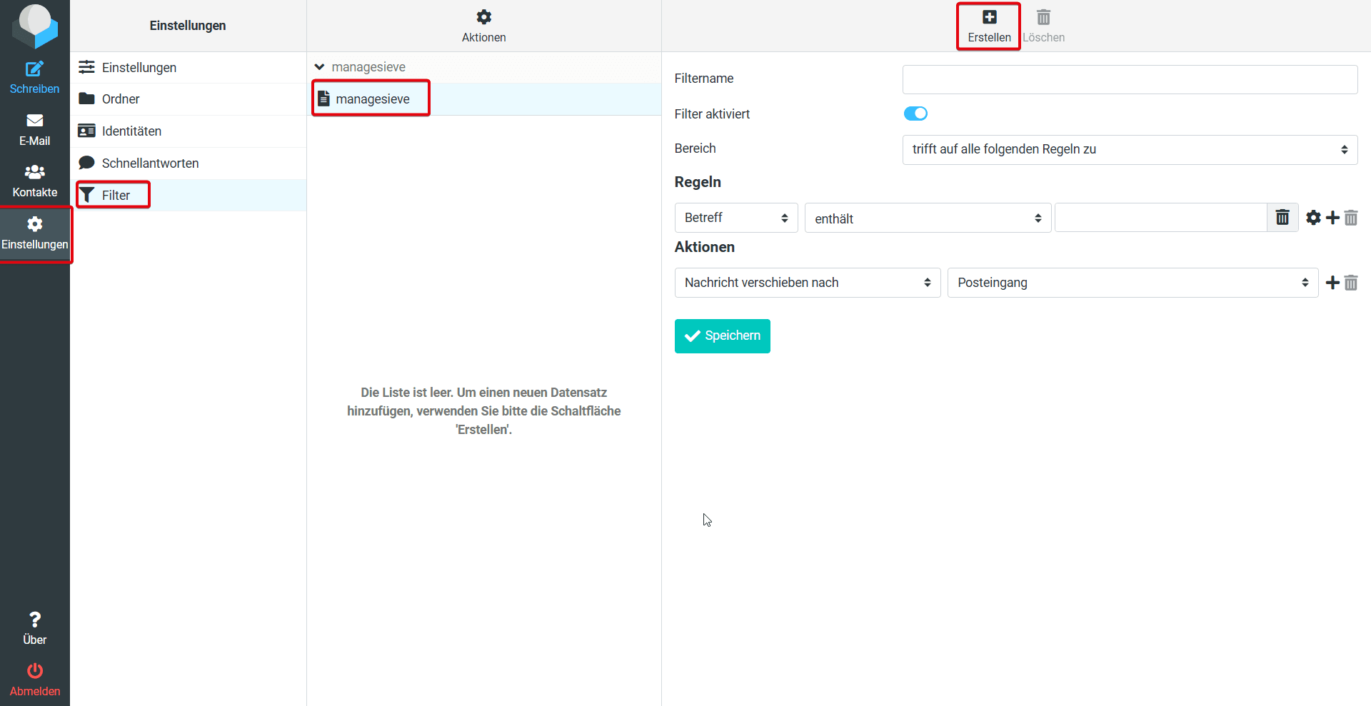 Hervorgehobener Pfad für die Filtereinstellungen.