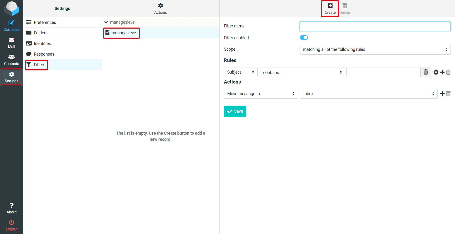 Highlighted path for the filter settings.