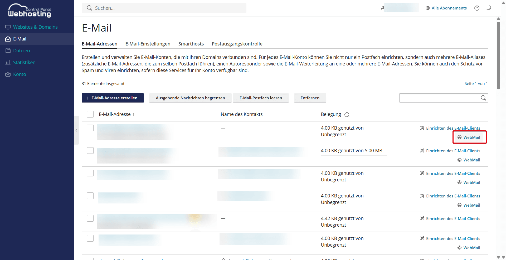 Hervorgehobene Schaltfläche "Webmail", die zur Log-in-Oberfläche führt.