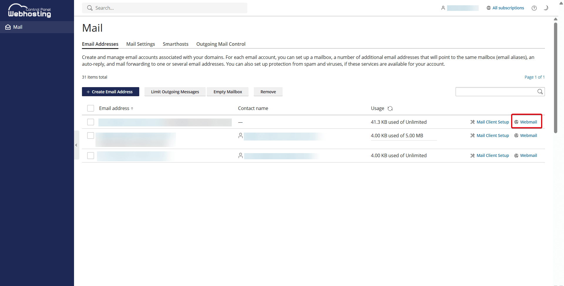 Highlighted "Webmail" button that leads to the login page.