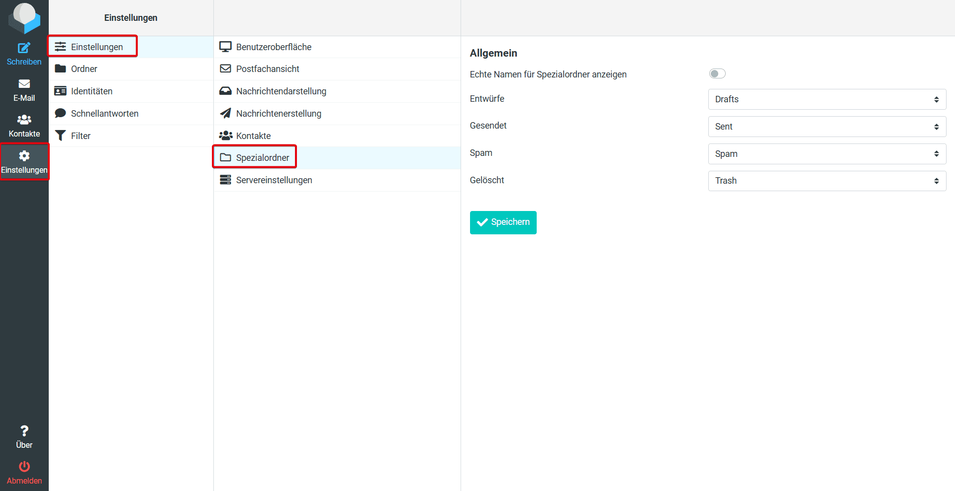 Hervorgehobener Pfad, um die Einstellungen für Spezialordner zu öffnen.
