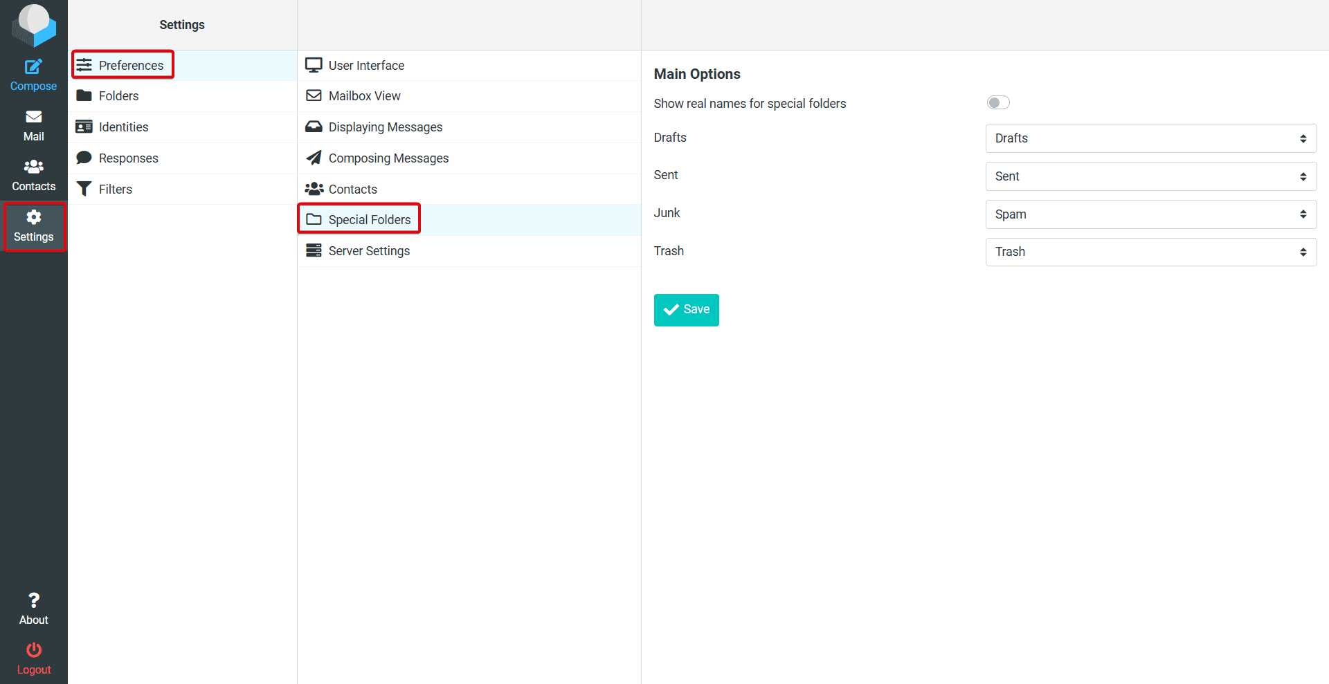 Highlighted path to open the settings for special folders.